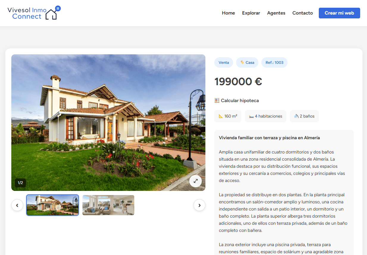 A detailed property page on a website built with ViveSol Inmo Connect