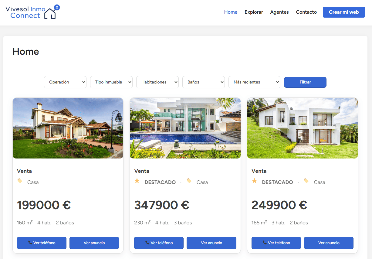 Property listings created with ViveSol Inmo Connect
