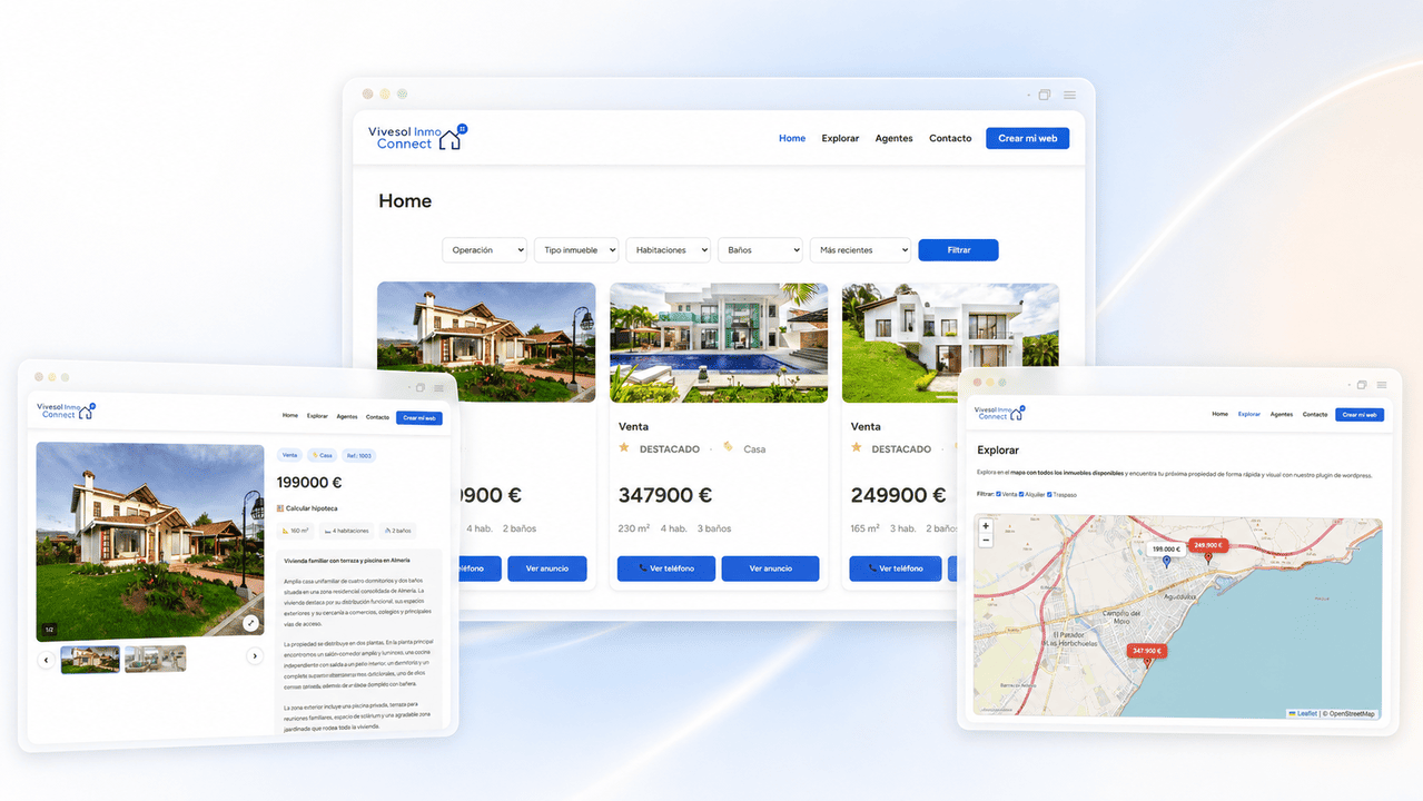 A real estate website built with ViveSol Inmo Connect, showing a map, listings and a property page